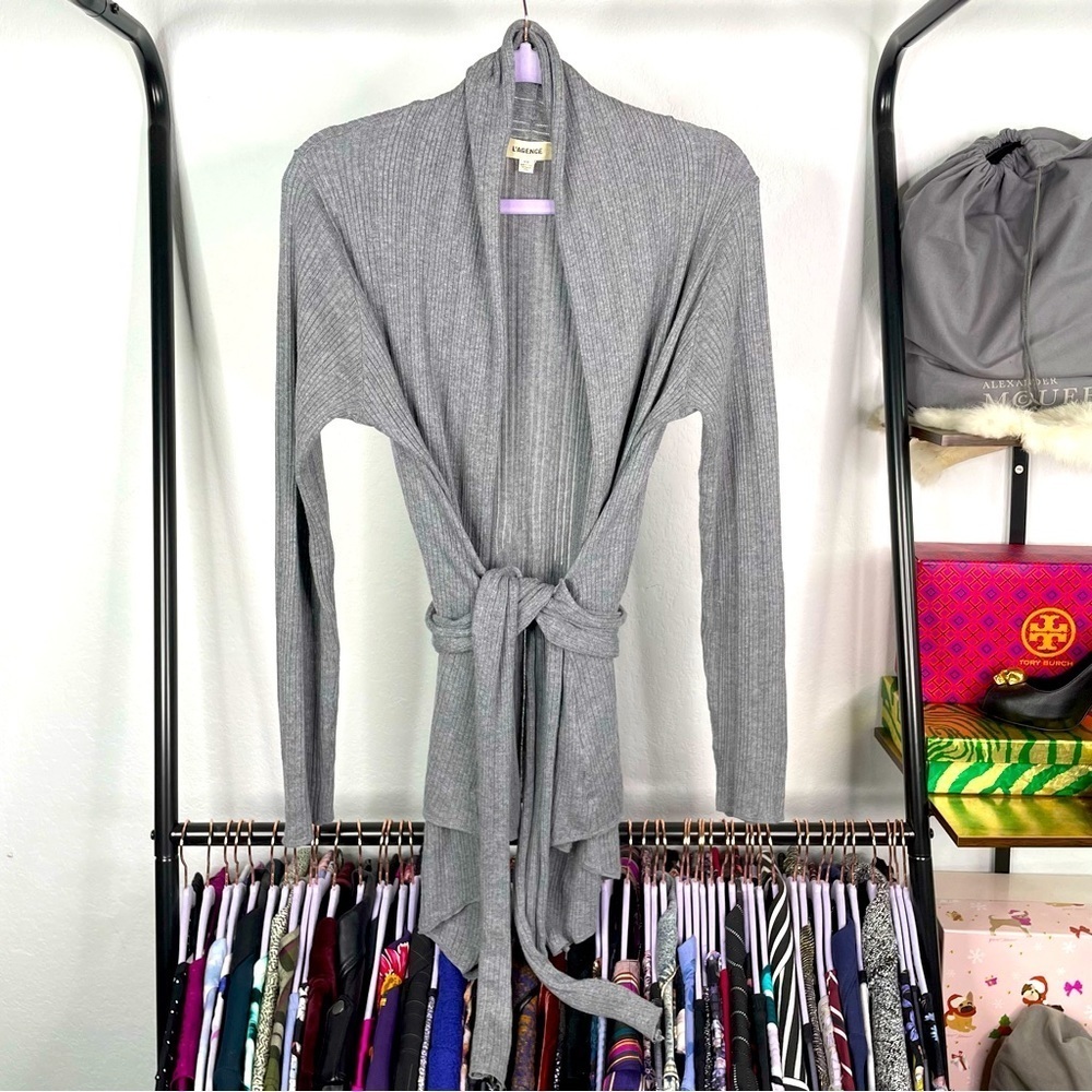 L'AGENCE Gray Ribbed Tie-Front Cardigan